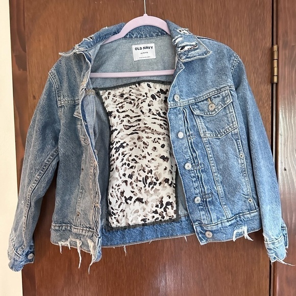 Up cycle denim jacket distressed petite old navy XS animal print leopard jean - Picture 2 of 11
